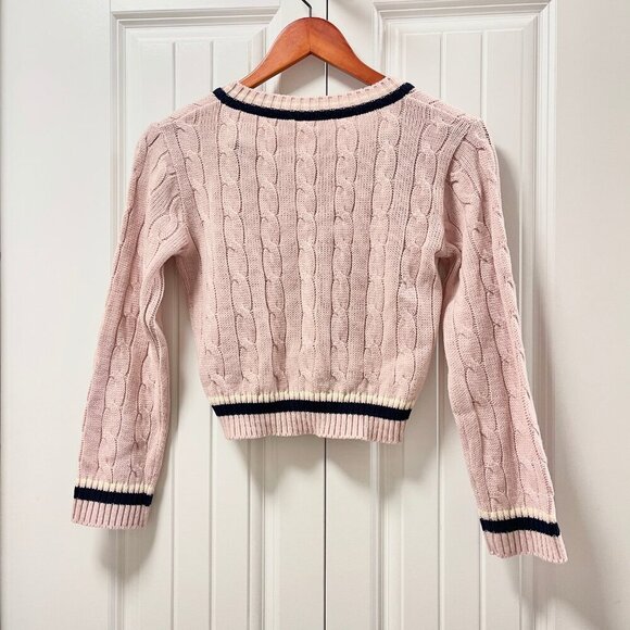 Cropped Cable Knit V-Neck Sweater Pink Navy - XS - Picture 3 of 12